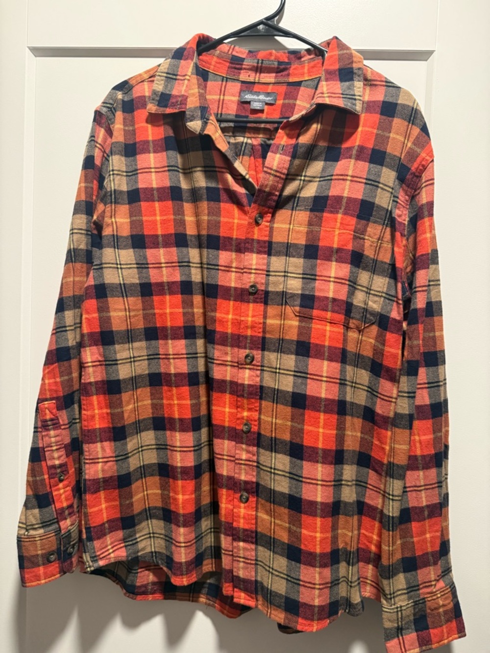 Eddie Bauer Orange Navy Tan Plaid Button-Down Shirt